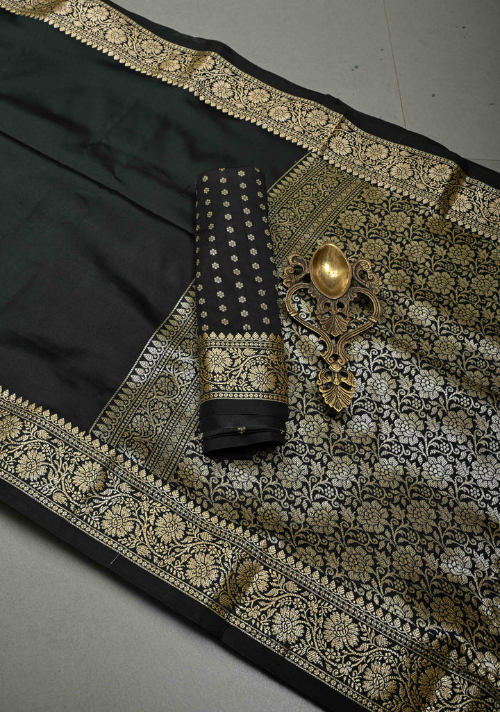 Stunning Black Semi Silk Saree with Minimal Zari Border | SHOBITAM