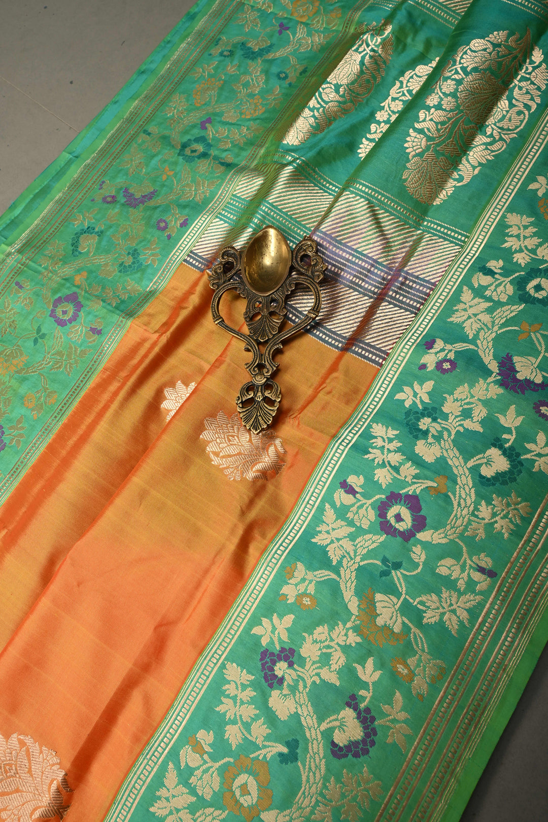Yellow-Orange Dual Tone Pure Banarasi Katan Silk Saree with Floral Zari Buttas and Paithani Style Meenakari Contrast Zari Border | SILK MARK CERTIFIED | SHOBITAM
