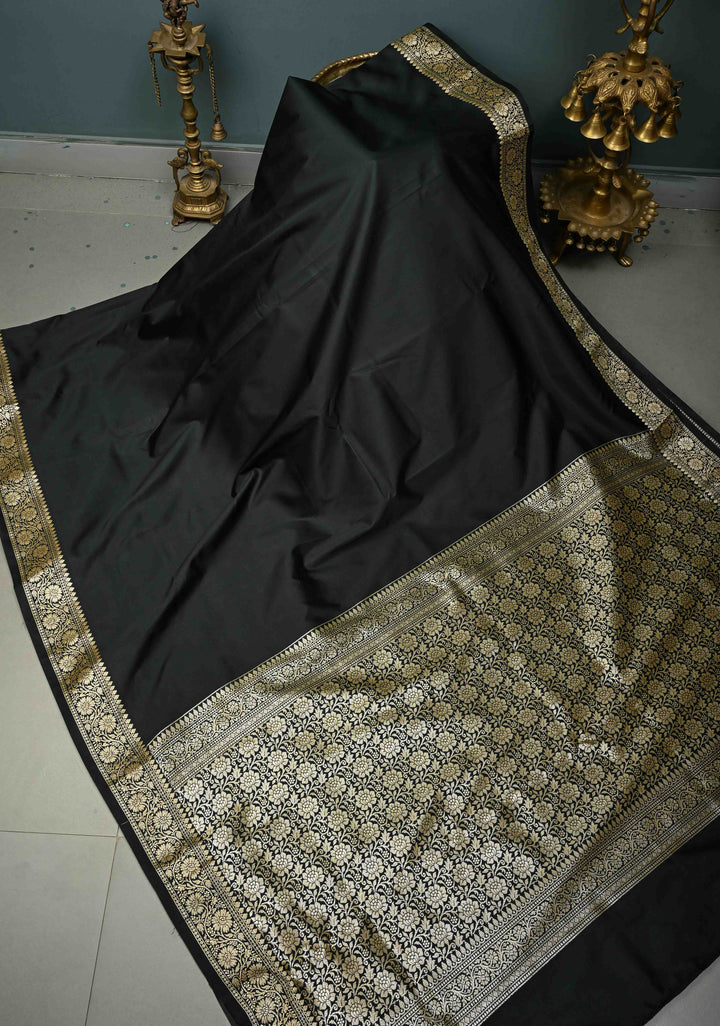 Stunning Black Semi Silk Saree with Minimal Zari Border | SHOBITAM