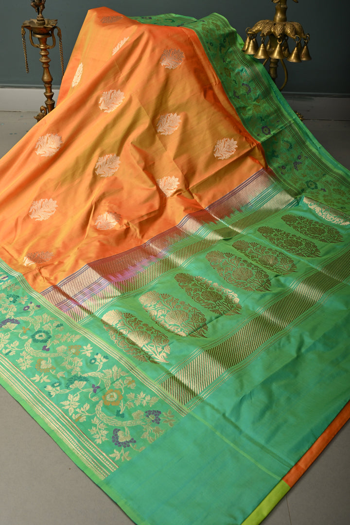 Yellow-Orange Dual Tone Pure Banarasi Katan Silk Saree with Floral Zari Buttas and Paithani Style Meenakari Contrast Zari Border | SILK MARK CERTIFIED | SHOBITAM