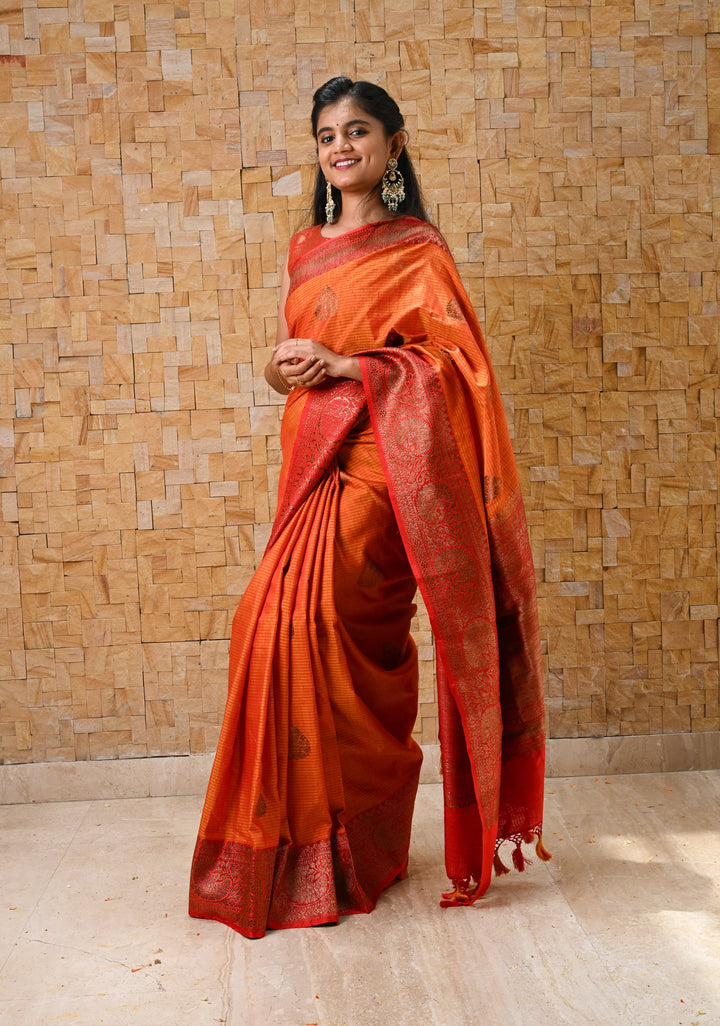 Mustard Red Dupion Banarasi Silk Saree with Antique Zari and Red Borders, SILK MARK CERTIFIED