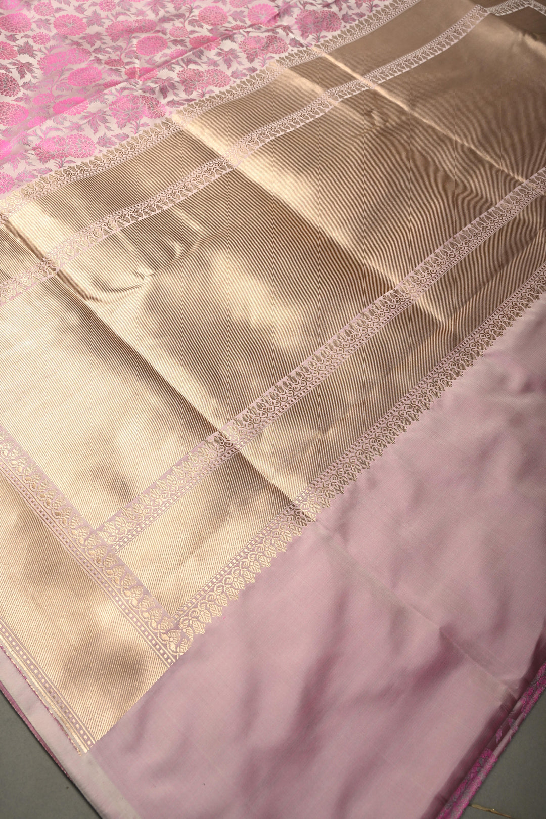 Pale Pink Tanchoi Banarasi Silk Saree in Pure Silk Satin with Meenakari Floral Brocade Jaal and Zari Border | SILK MARK CERTIFIED | SHOBITAM
