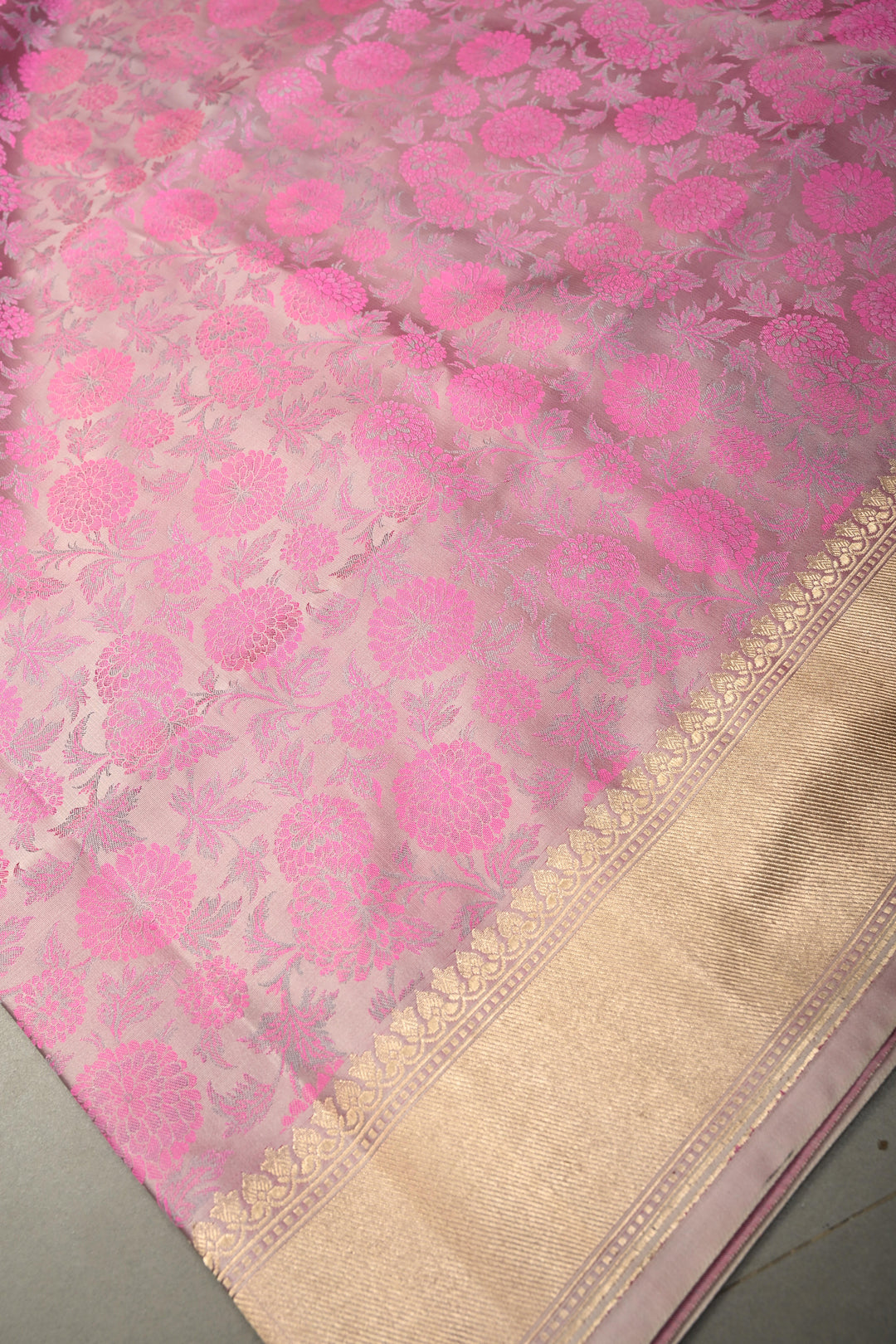 Pale Pink Tanchoi Banarasi Silk Saree in Pure Silk Satin with Meenakari Floral Brocade Jaal and Zari Border | SILK MARK CERTIFIED | SHOBITAM