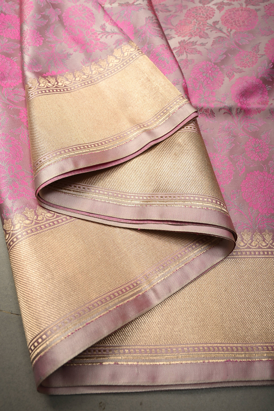 Pale Pink Tanchoi Banarasi Silk Saree in Pure Silk Satin with Meenakari Floral Brocade Jaal and Zari Border | SILK MARK CERTIFIED | SHOBITAM