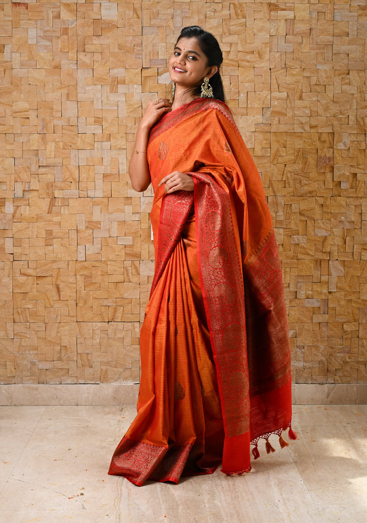 Mustard Red Dupion Banarasi Silk Saree with Antique Zari and Red Borders, SILK MARK CERTIFIED