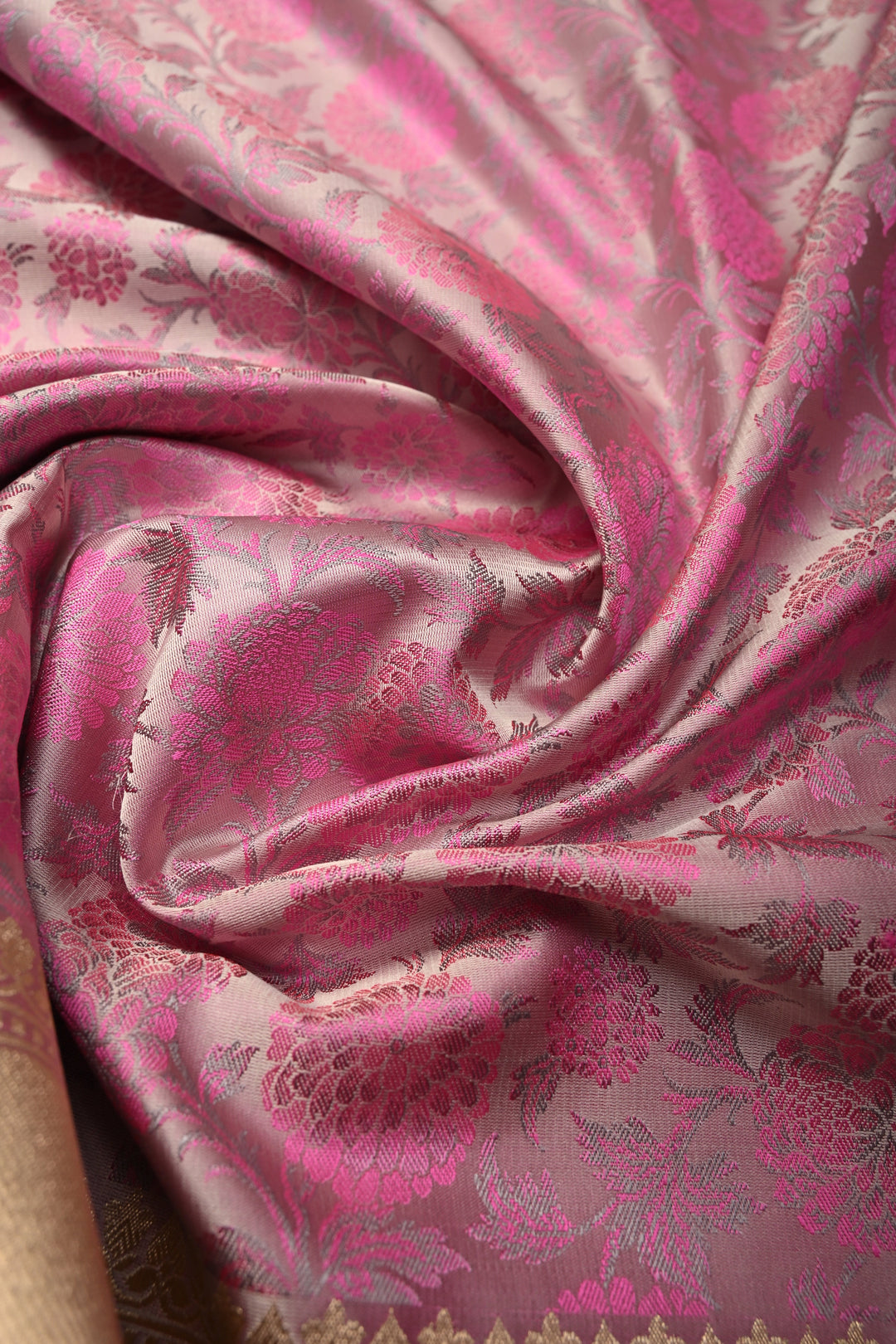 Pale Pink Tanchoi Banarasi Silk Saree in Pure Silk Satin with Meenakari Floral Brocade Jaal and Zari Border | SILK MARK CERTIFIED | SHOBITAM
