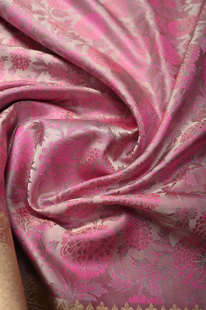 Pale Pink Tanchoi Banarasi Silk Saree in Pure Silk Satin with Meenakari Floral Brocade Jaal and Zari Border | SILK MARK CERTIFIED | SHOBITAM