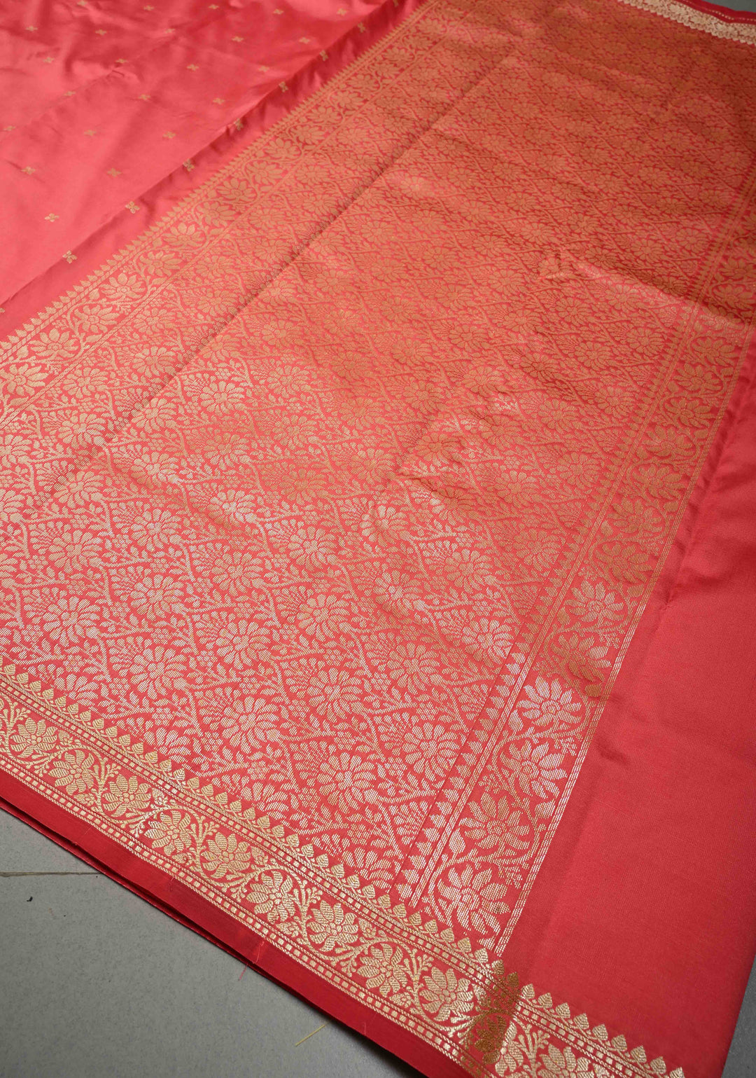 Salmon Pink Semi Silk Saree with Zari Buttis and Minimal Zari Border | SHOBITAM