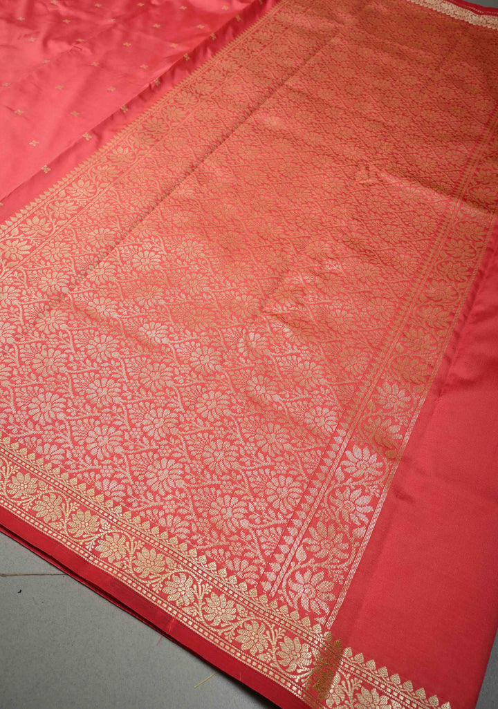 Salmon Pink Semi Silk Saree with Zari Buttis and Minimal Zari Border | SHOBITAM