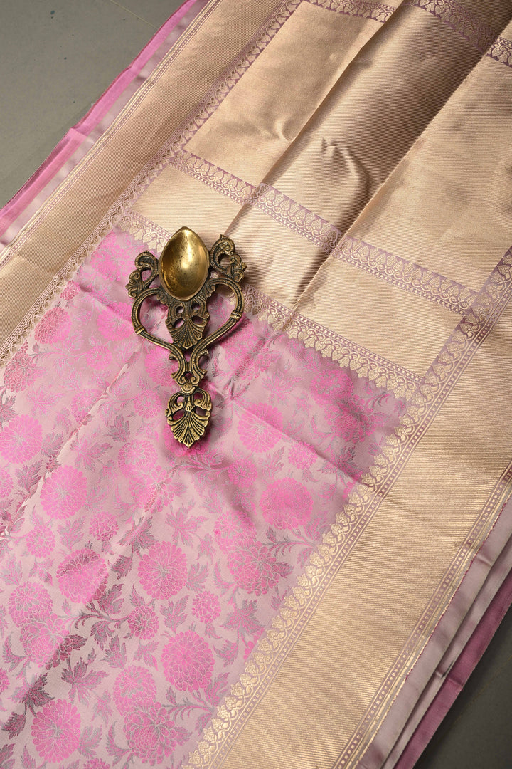 Pale Pink Tanchoi Banarasi Silk Saree in Pure Silk Satin with Meenakari Floral Brocade Jaal and Zari Border | SILK MARK CERTIFIED | SHOBITAM
