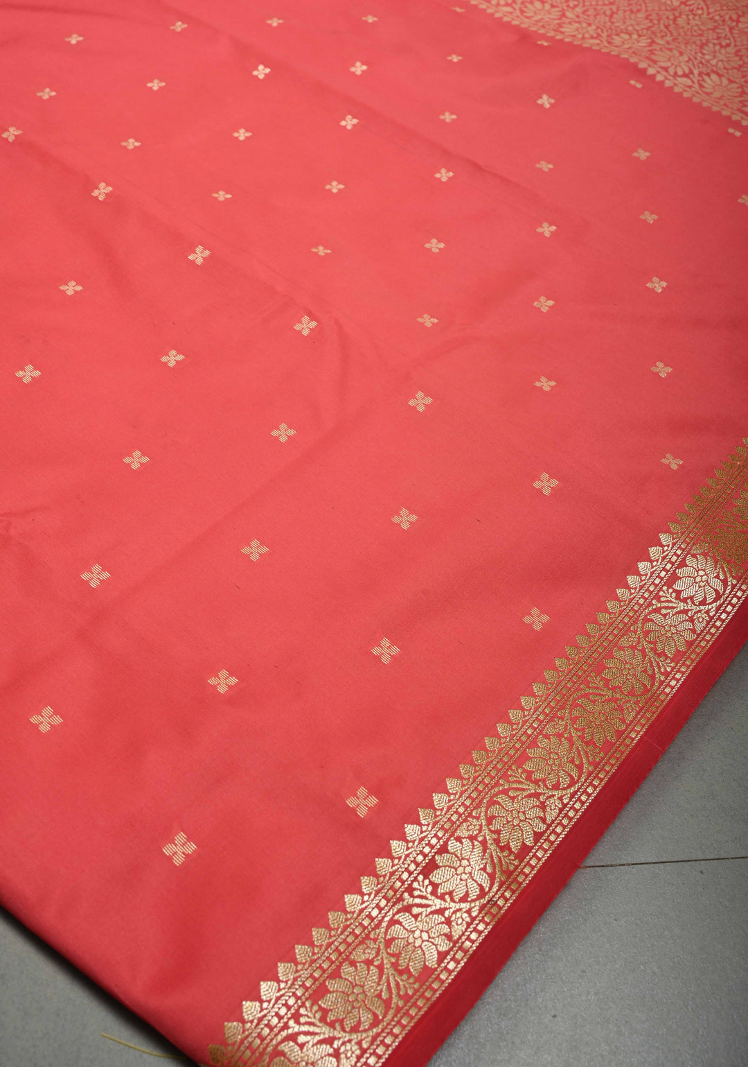 Salmon Pink Semi Silk Saree with Zari Buttis and Minimal Zari Border | SHOBITAM
