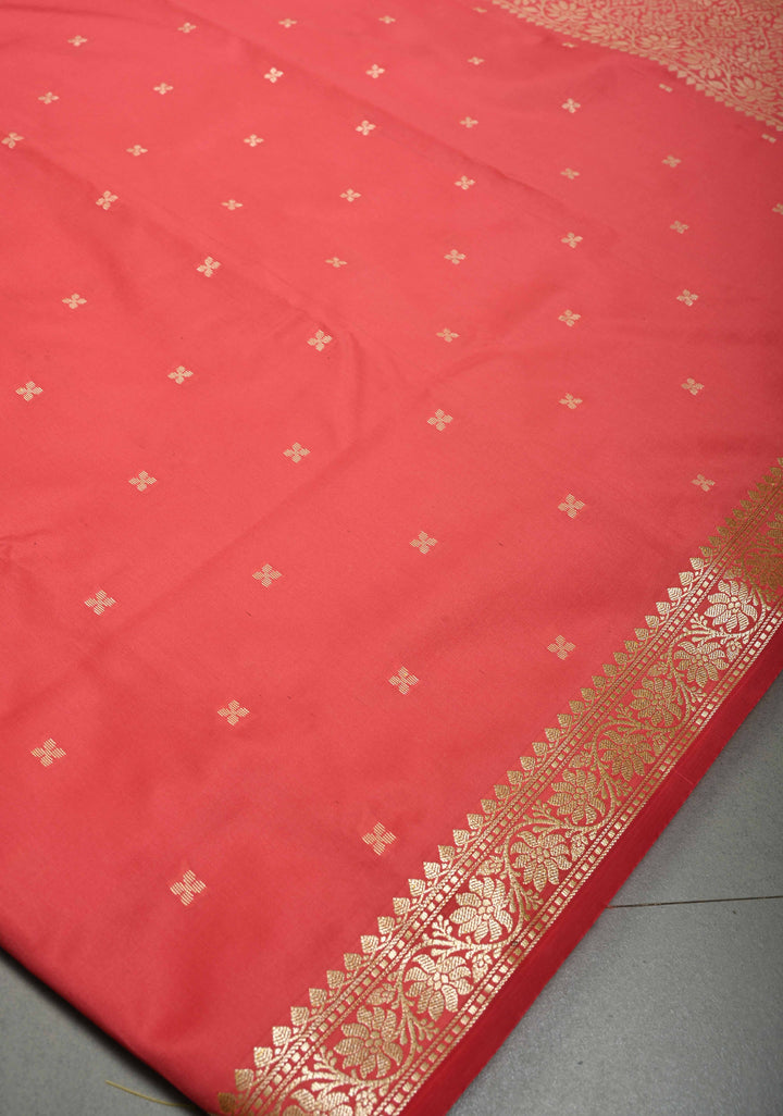 Salmon Pink Semi Silk Saree with Zari Buttis and Minimal Zari Border | SHOBITAM