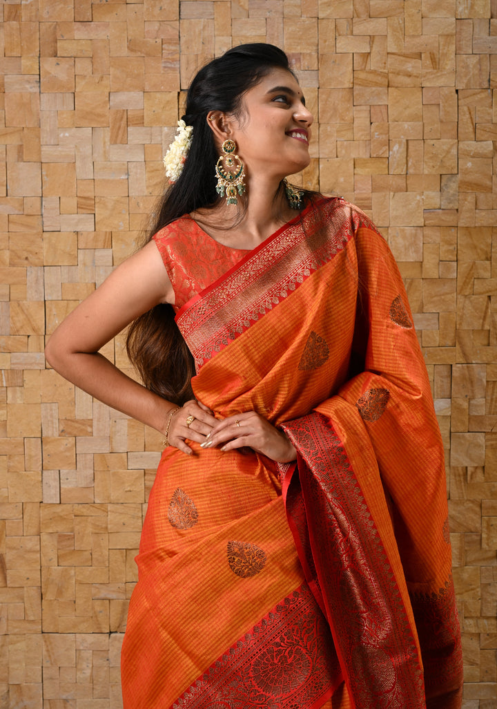 Mustard Red Dupion Banarasi Silk Saree with Antique Zari and Red Borders, SILK MARK CERTIFIED