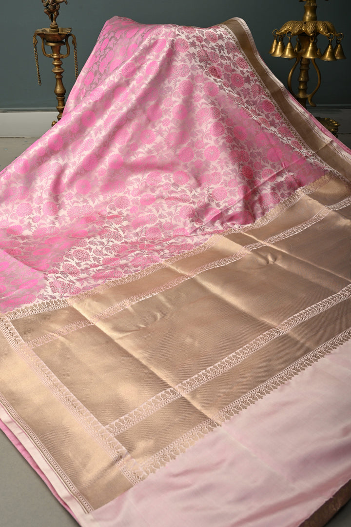 Pale Pink Tanchoi Banarasi Silk Saree in Pure Silk Satin with Meenakari Floral Brocade Jaal and Zari Border | SILK MARK CERTIFIED | SHOBITAM