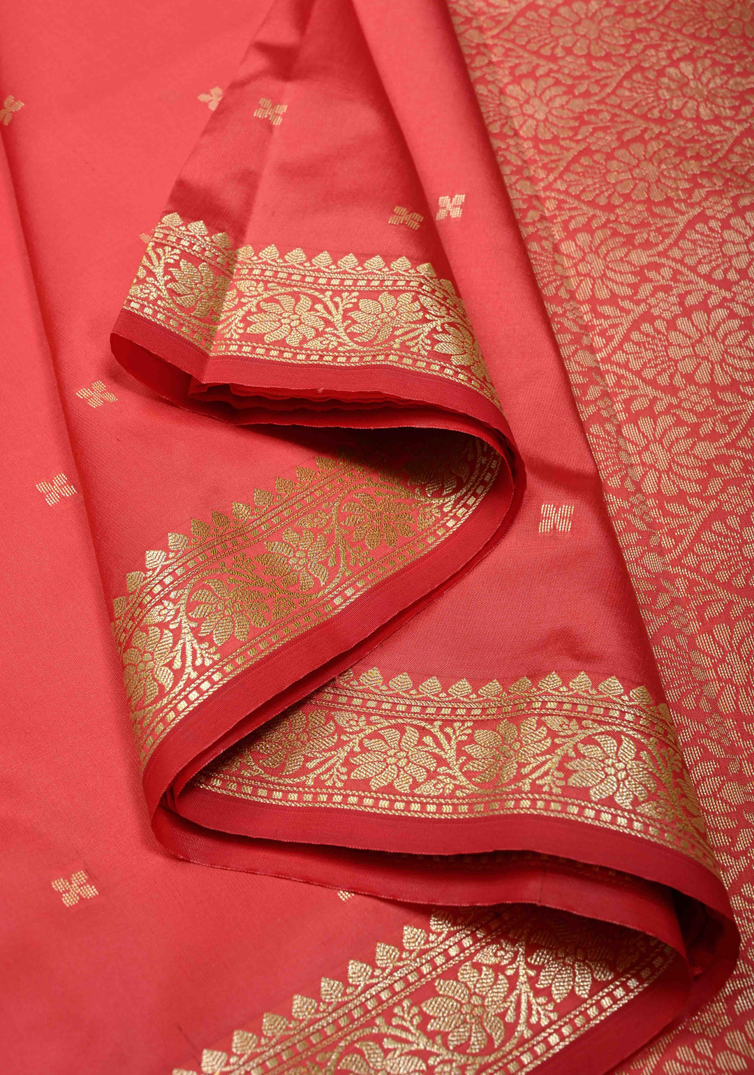 Salmon Pink Semi Silk Saree with Zari Buttis and Minimal Zari Border | SHOBITAM