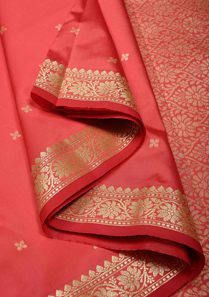 Salmon Pink Semi Silk Saree with Zari Buttis and Minimal Zari Border | SHOBITAM