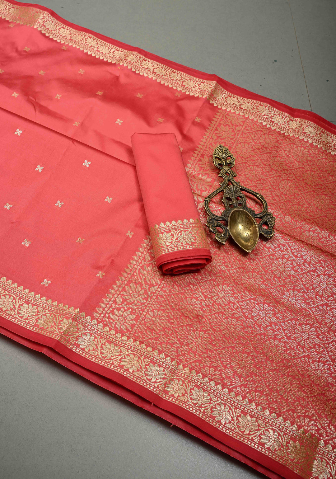 Salmon Pink Semi Silk Saree with Zari Buttis and Minimal Zari Border | SHOBITAM