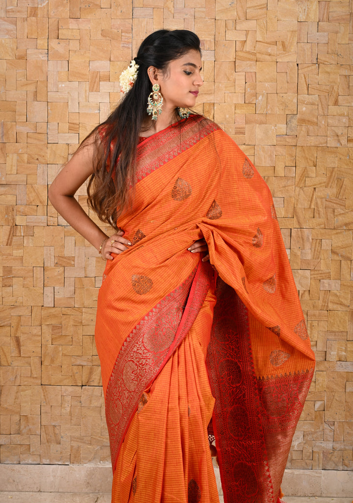 Mustard Red Dupion Banarasi Silk Saree with Antique Zari and Red Borders, SILK MARK CERTIFIED