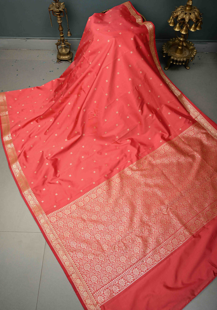 Salmon Pink Semi Silk Saree with Zari Buttis and Minimal Zari Border | SHOBITAM