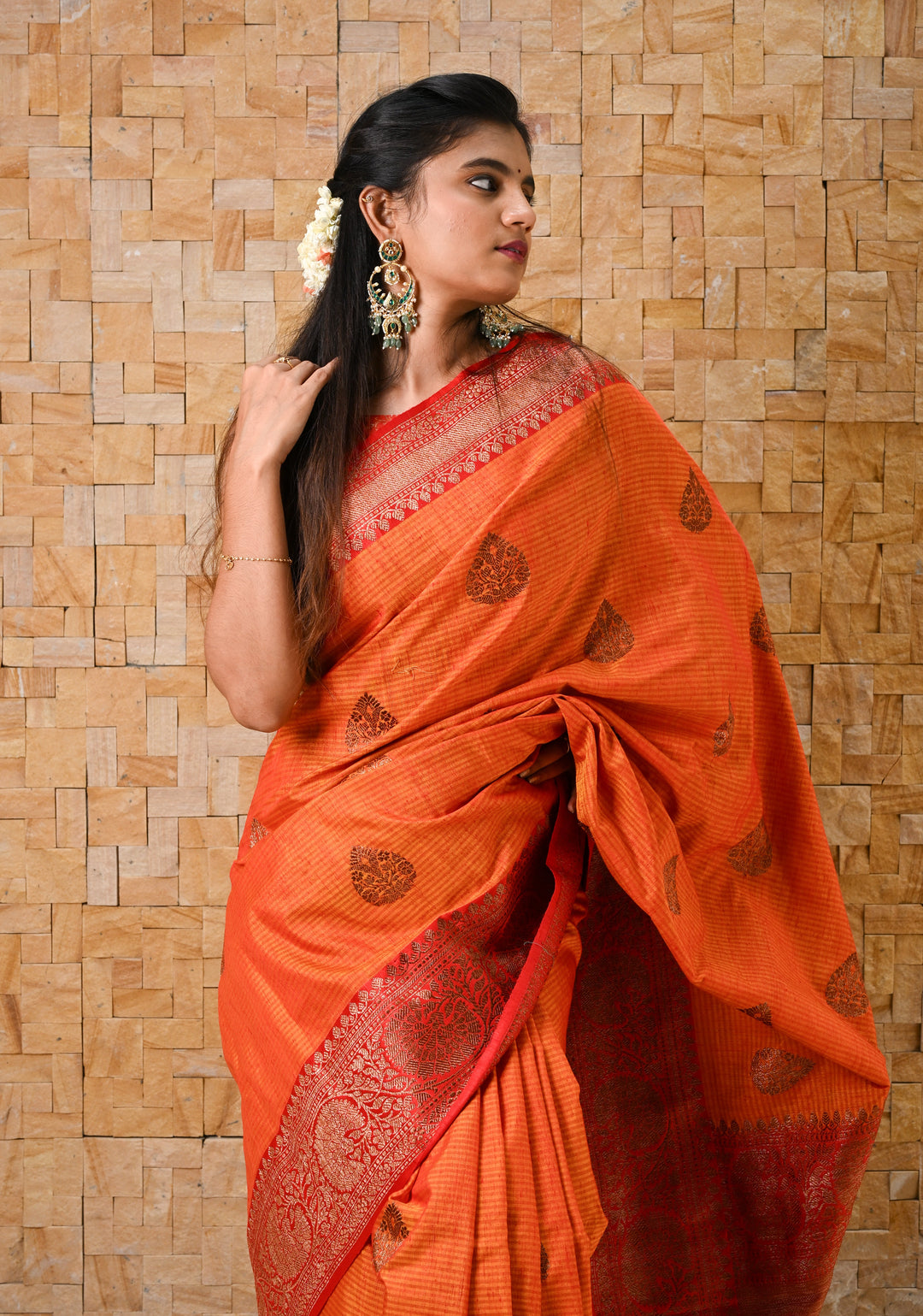Mustard Red Dupion Banarasi Silk Saree with Antique Zari and Red Borders, SILK MARK CERTIFIED