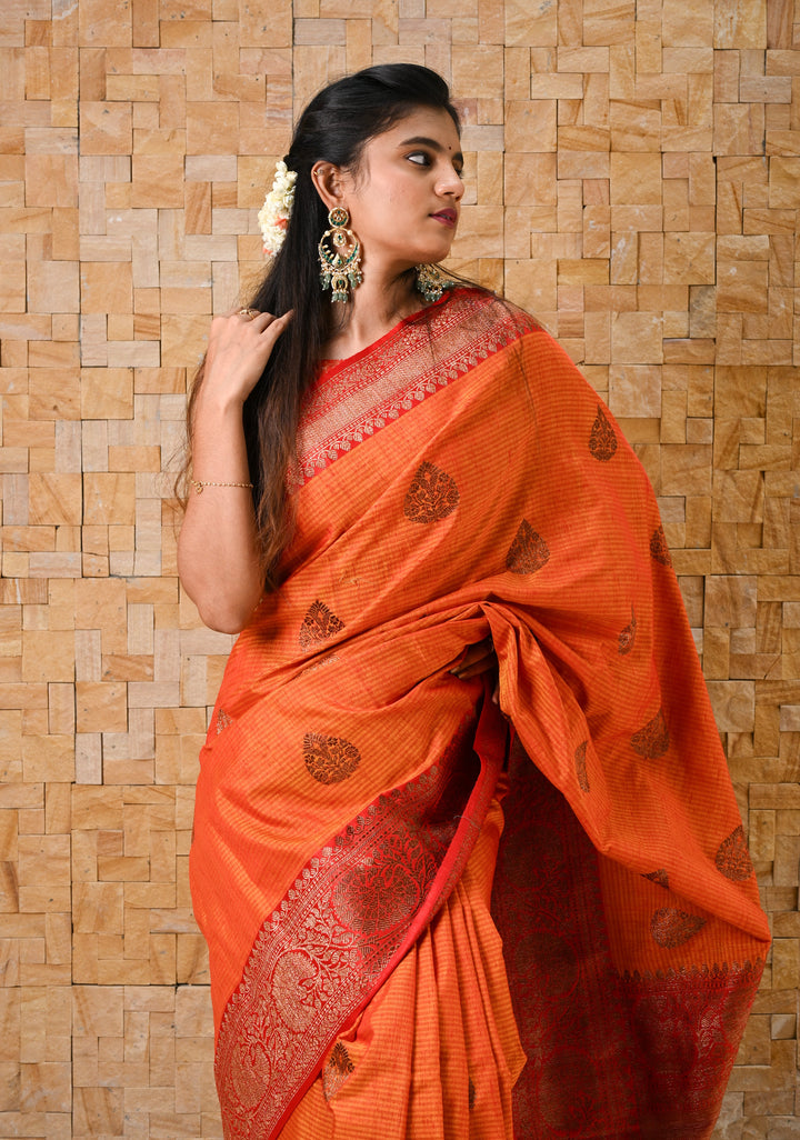 Mustard Red Dupion Banarasi Silk Saree with Antique Zari and Red Borders, SILK MARK CERTIFIED