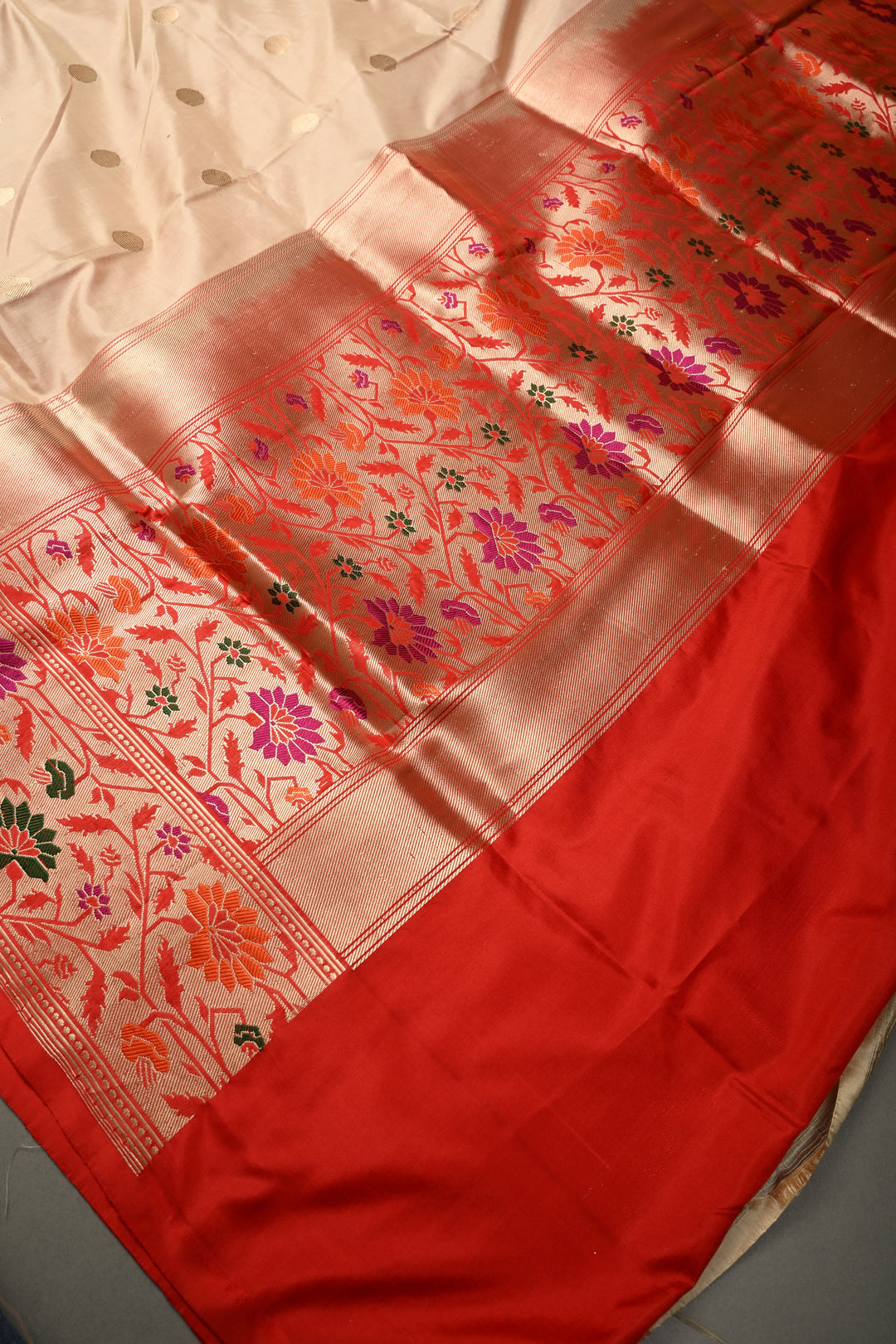 Cream Pure Banarasi Katan Silk Saree with Polka Zari Dotas and Contrast  Meenakari Zari Border | SILK MARK CERTIFIED | SHOBITAM