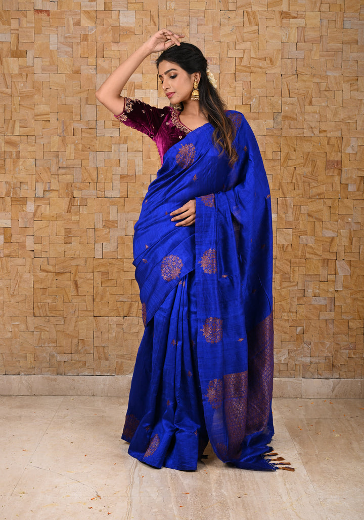 Royal Blue Borderless Banarasi Raw Silk Saree with Damask Antique Zari Buttas | SILK MARK CERTIFIED
