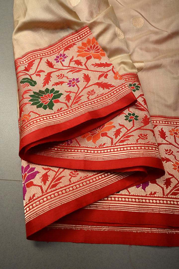Cream Pure Banarasi Katan Silk Saree with Polka Zari Dotas and Contrast  Meenakari Zari Border | SILK MARK CERTIFIED | SHOBITAM