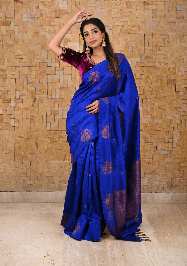 Royal Blue Borderless Banarasi Raw Silk Saree with Damask Antique Zari Buttas | SILK MARK CERTIFIED