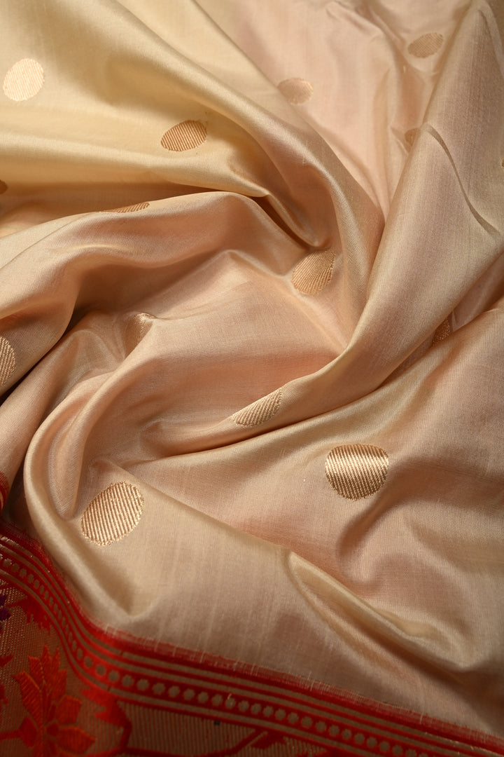 Cream Pure Banarasi Katan Silk Saree with Polka Zari Dotas and Contrast  Meenakari Zari Border | SILK MARK CERTIFIED | SHOBITAM