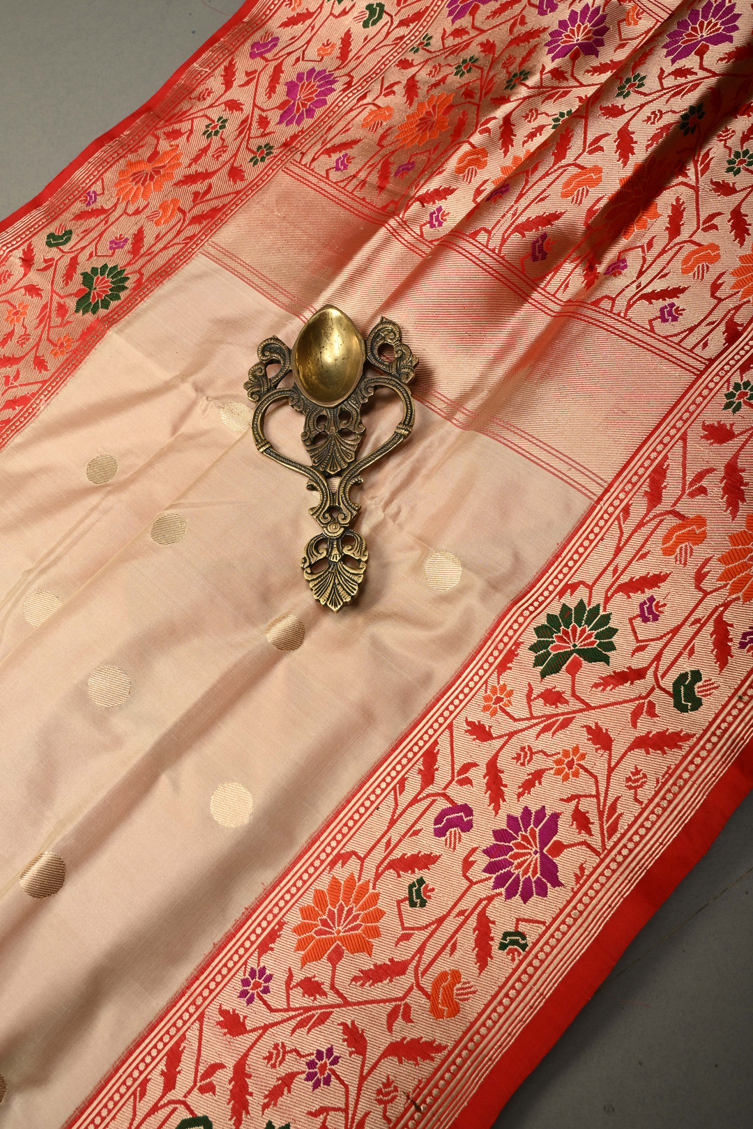Cream Pure Banarasi Katan Silk Saree with Polka Zari Dotas and Contrast  Meenakari Zari Border | SILK MARK CERTIFIED | SHOBITAM