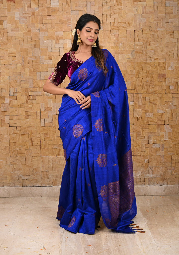 Royal Blue Borderless Banarasi Raw Silk Saree with Damask Antique Zari Buttas | SILK MARK CERTIFIED