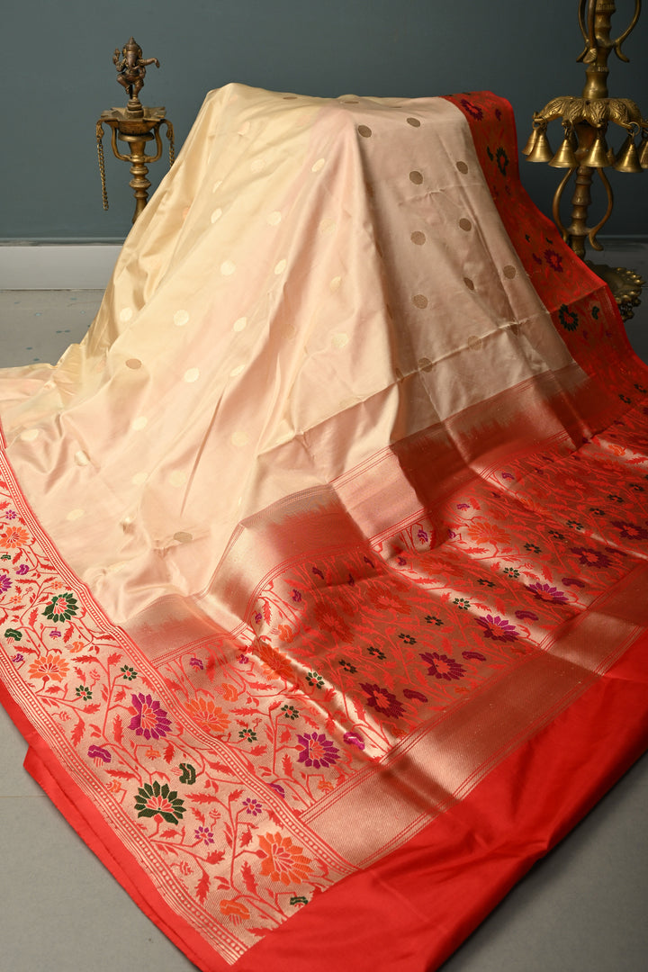 Cream Pure Banarasi Katan Silk Saree with Polka Zari Dotas and Contrast  Meenakari Zari Border | SILK MARK CERTIFIED | SHOBITAM