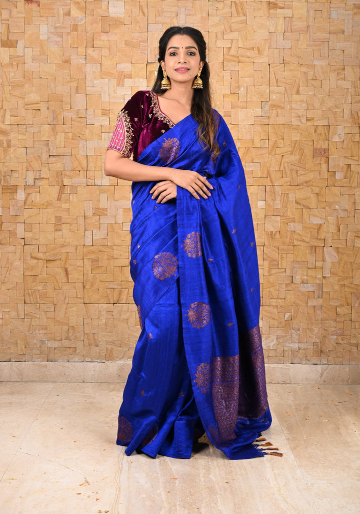 Royal Blue Borderless Banarasi Raw Silk Saree with Damask Antique Zari Buttas | SILK MARK CERTIFIED
