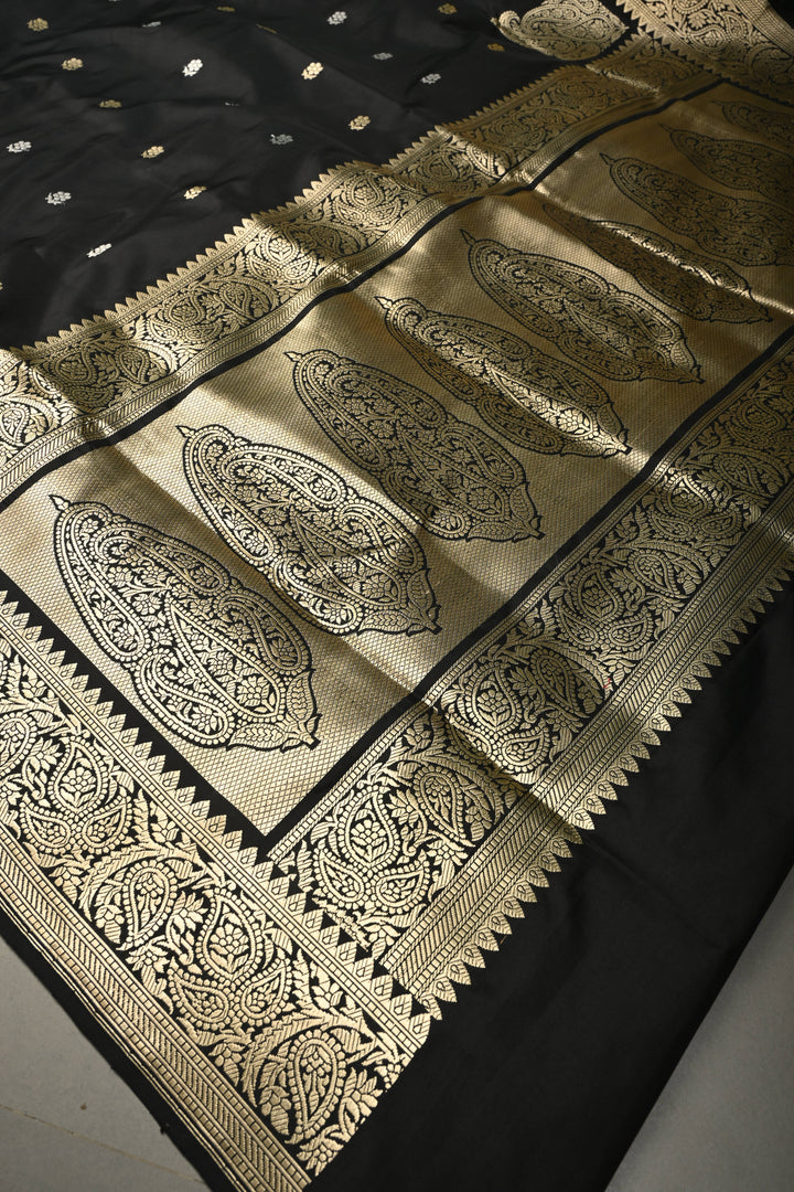 Black Koniya Motifs on Pure Banarasi Katan Silk Saree with Sona Rupa Floral Zari Buttas and Zari Border | SILK MARK CERTIFIED | SHOBITAM