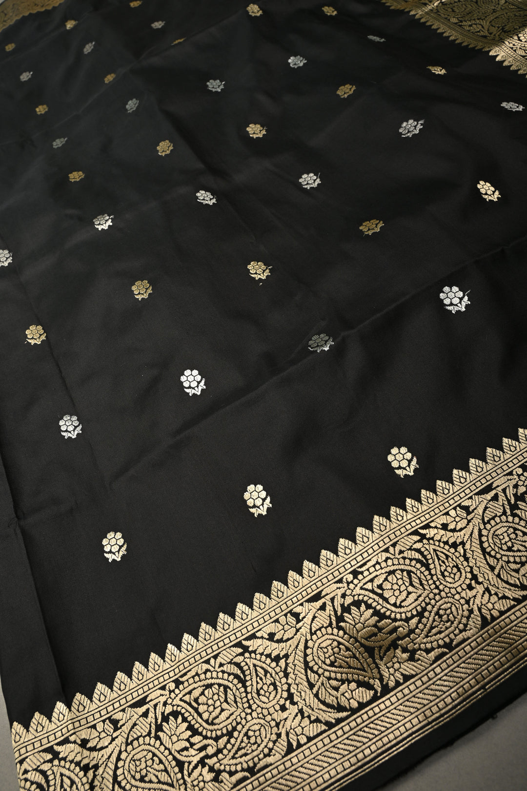 Black Koniya Motifs on Pure Banarasi Katan Silk Saree with Sona Rupa Floral Zari Buttas and Zari Border | SILK MARK CERTIFIED | SHOBITAM