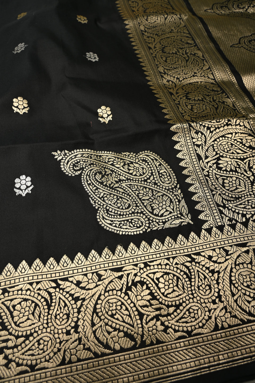 Black Koniya Motifs on Pure Banarasi Katan Silk Saree with Sona Rupa Floral Zari Buttas and Zari Border | SILK MARK CERTIFIED | SHOBITAM