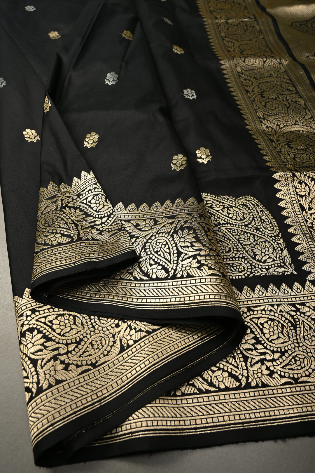 Black Koniya Motifs on Pure Banarasi Katan Silk Saree with Sona Rupa Floral Zari Buttas and Zari Border | SILK MARK CERTIFIED | SHOBITAM
