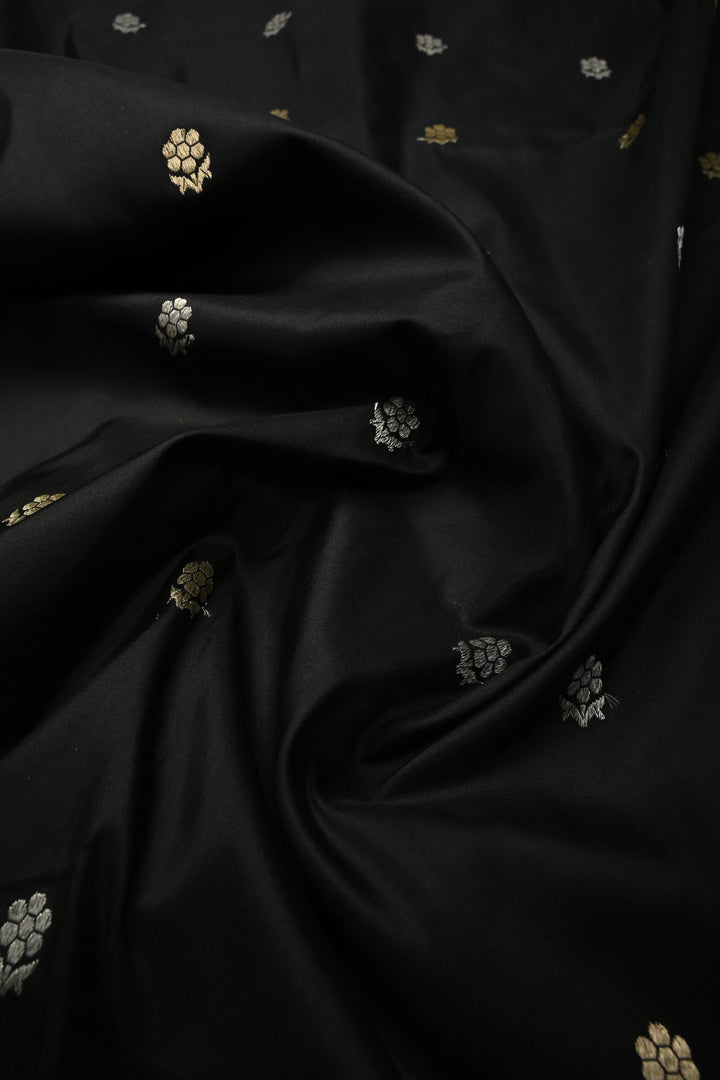 Black Koniya Motifs on Pure Banarasi Katan Silk Saree with Sona Rupa Floral Zari Buttas and Zari Border | SILK MARK CERTIFIED | SHOBITAM