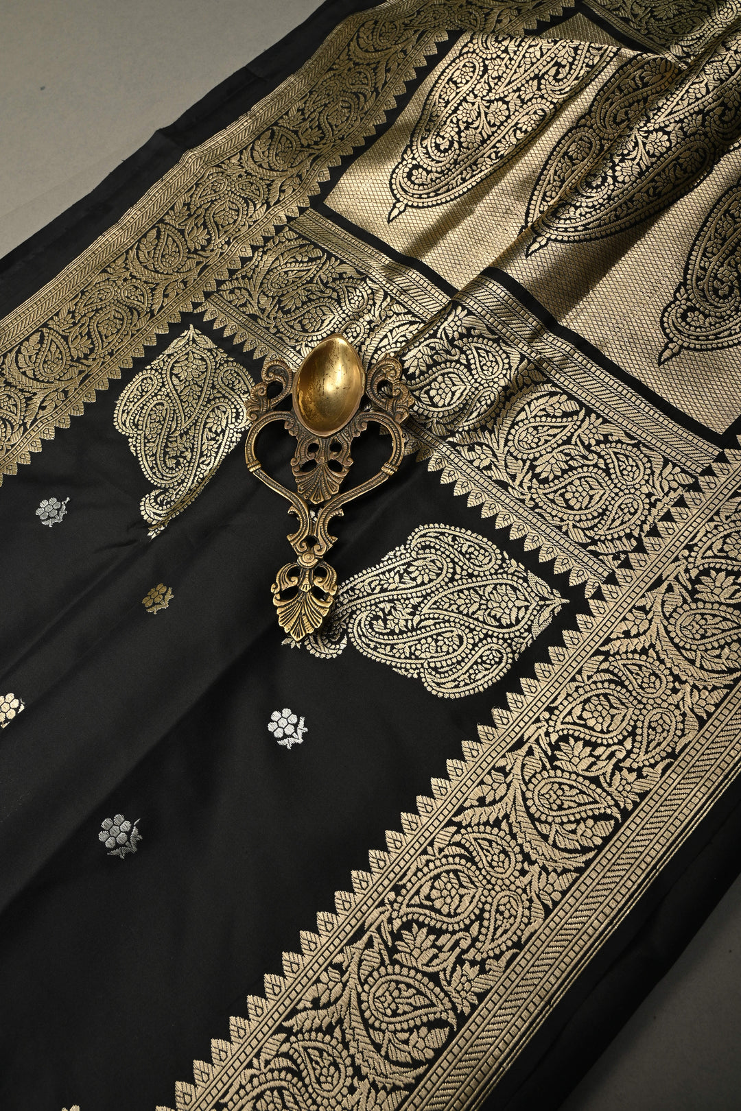 Black Koniya Motifs on Pure Banarasi Katan Silk Saree with Sona Rupa Floral Zari Buttas and Zari Border | SILK MARK CERTIFIED | SHOBITAM
