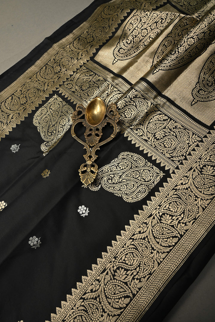 Black Koniya Motifs on Pure Banarasi Katan Silk Saree with Sona Rupa Floral Zari Buttas and Zari Border | SILK MARK CERTIFIED | SHOBITAM