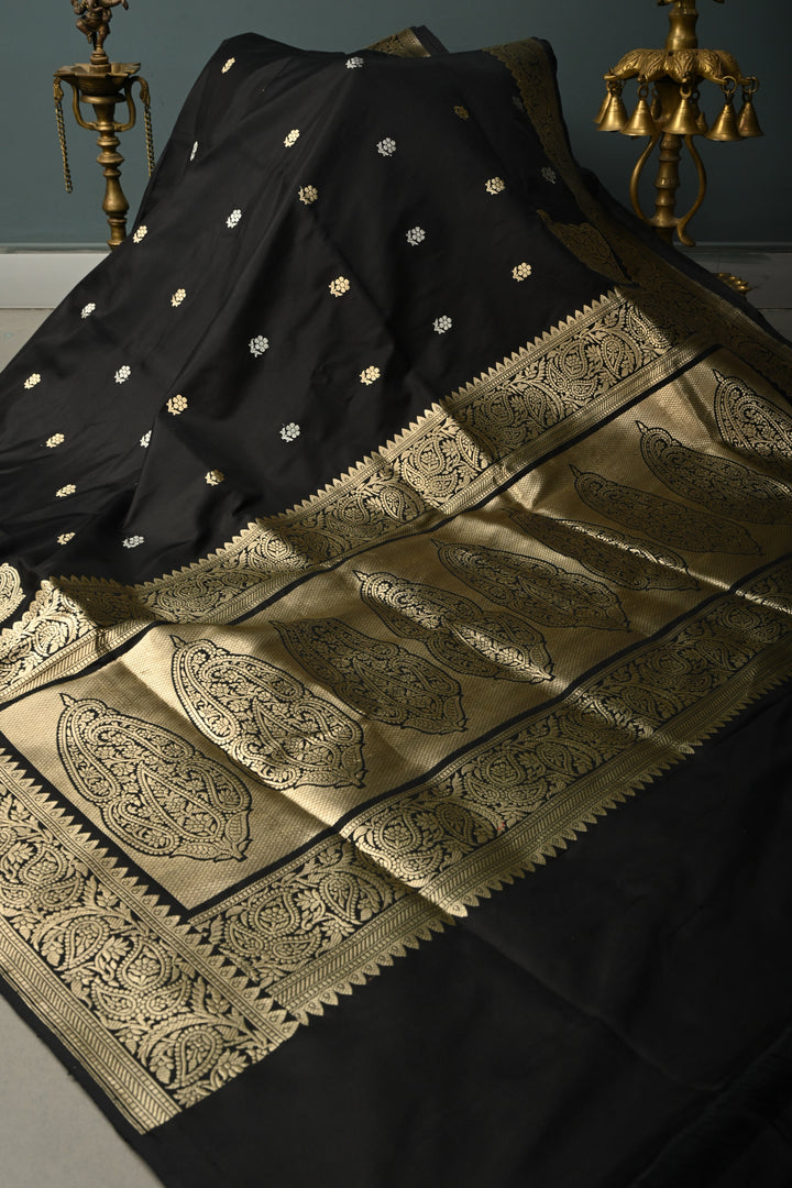 Black Koniya Motifs on Pure Banarasi Katan Silk Saree with Sona Rupa Floral Zari Buttas and Zari Border | SILK MARK CERTIFIED | SHOBITAM