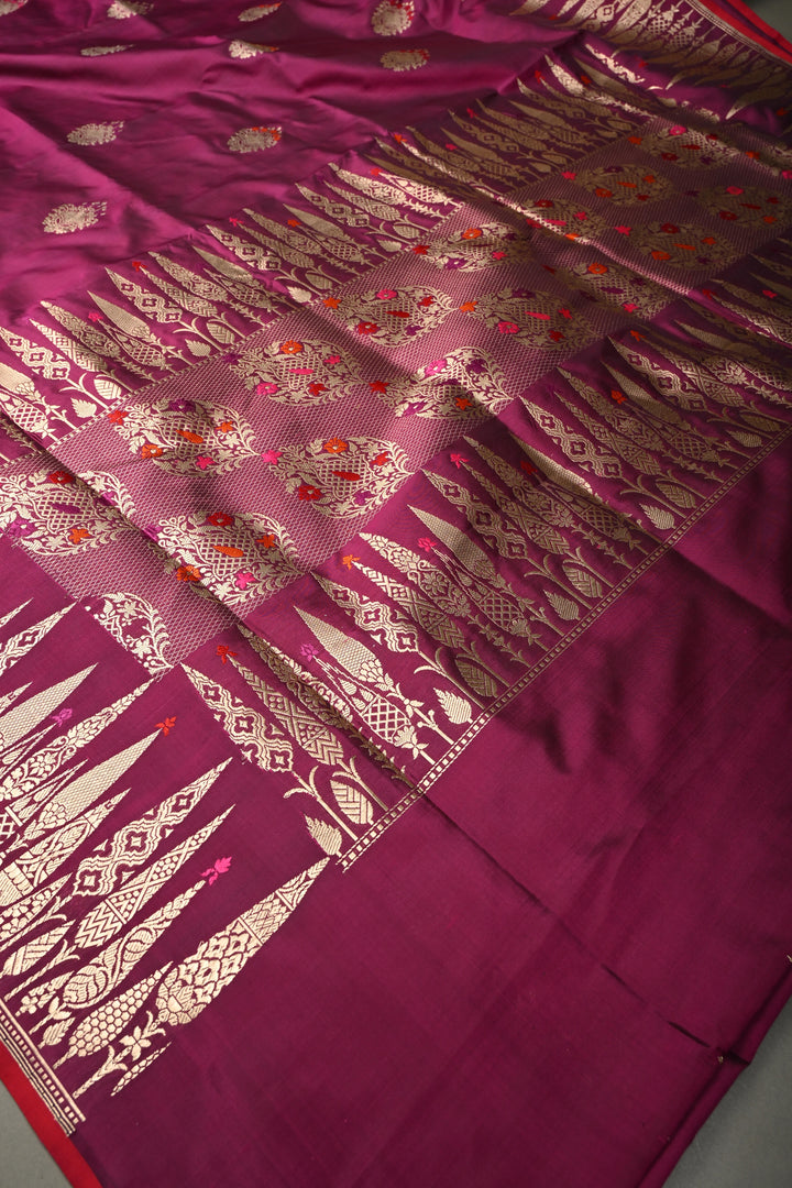Magenta Pure Banarasi Katan Silk Saree with Meenakari Floral Zari Buttas and Zari Border | SILK MARK CERTIFIED | SHOBITAM