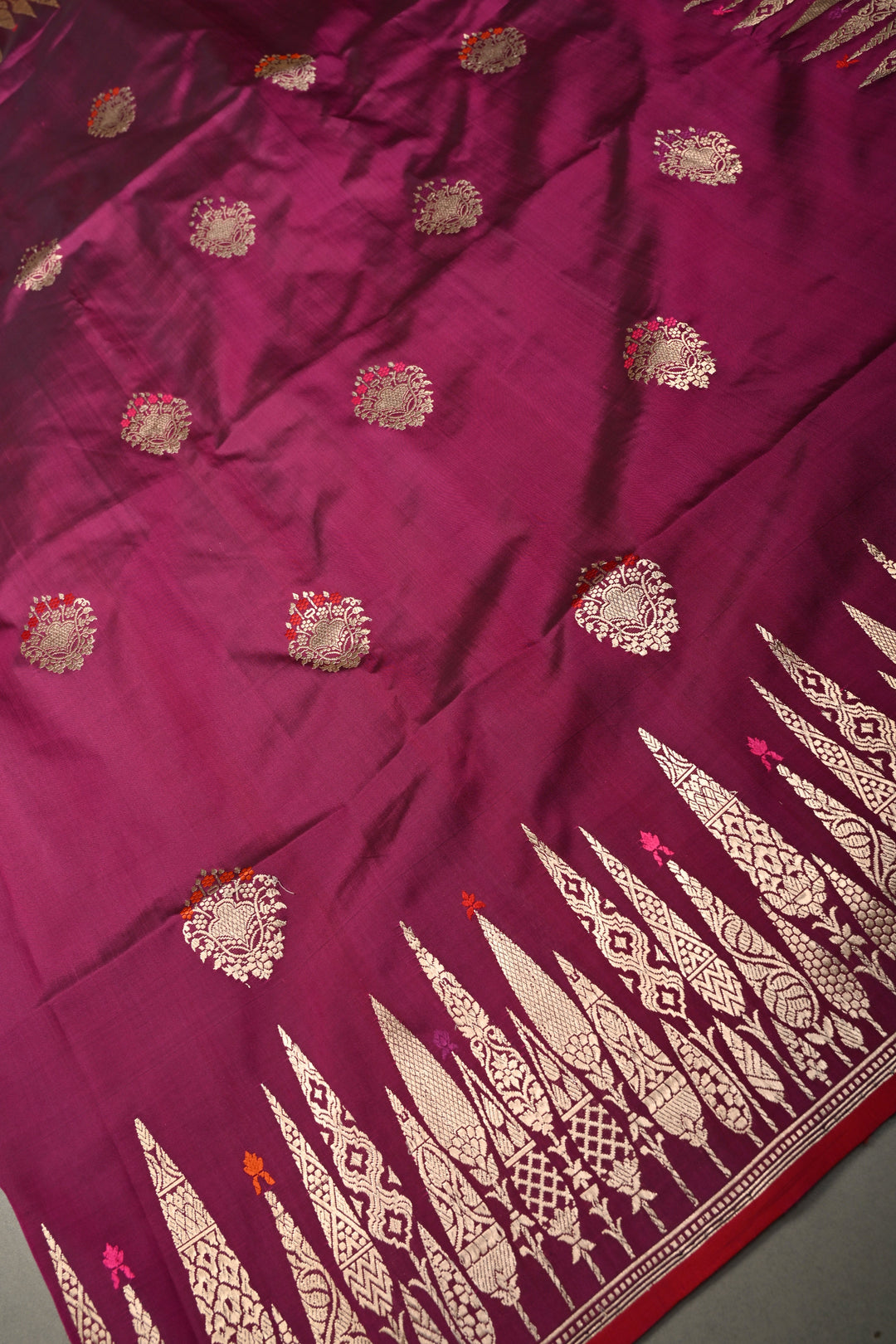 Magenta Pure Banarasi Katan Silk Saree with Meenakari Floral Zari Buttas and Zari Border | SILK MARK CERTIFIED | SHOBITAM