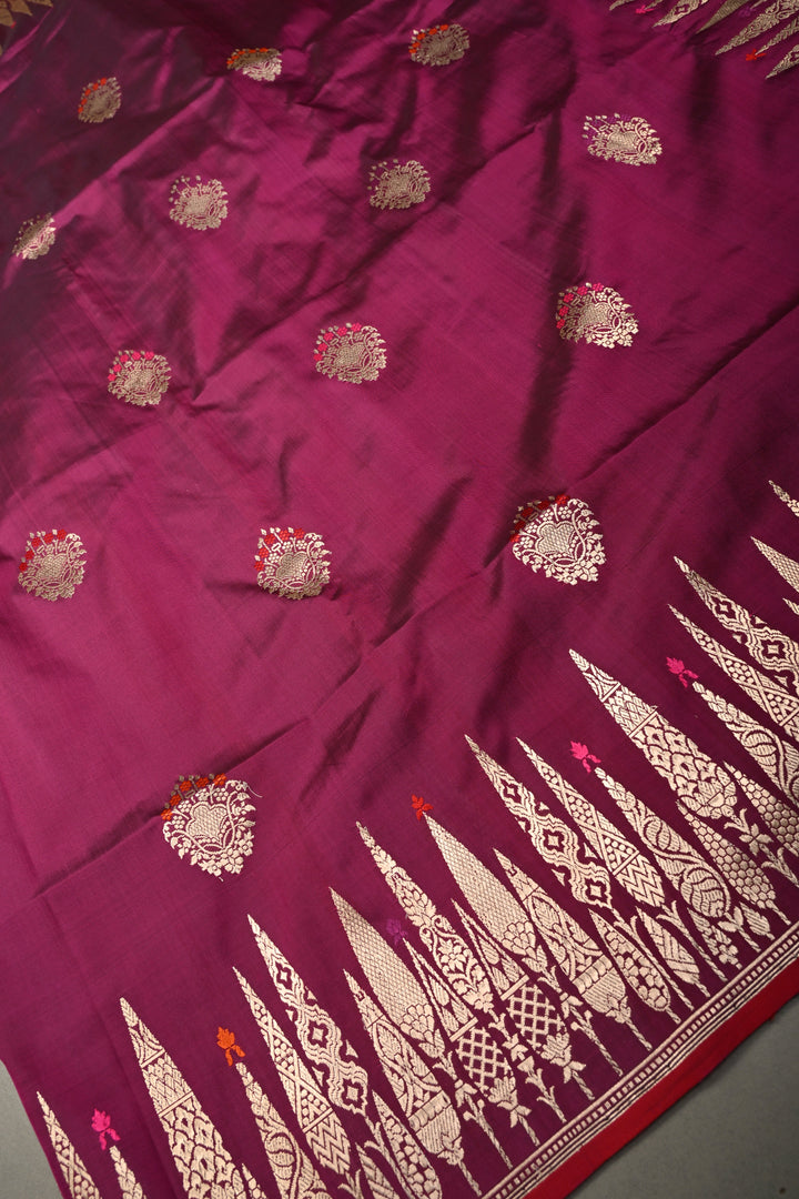 Magenta Pure Banarasi Katan Silk Saree with Meenakari Floral Zari Buttas and Zari Border | SILK MARK CERTIFIED | SHOBITAM