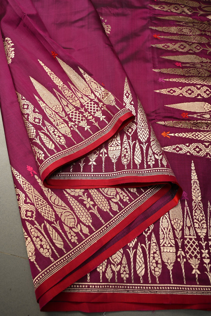 Magenta Pure Banarasi Katan Silk Saree with Meenakari Floral Zari Buttas and Zari Border | SILK MARK CERTIFIED | SHOBITAM