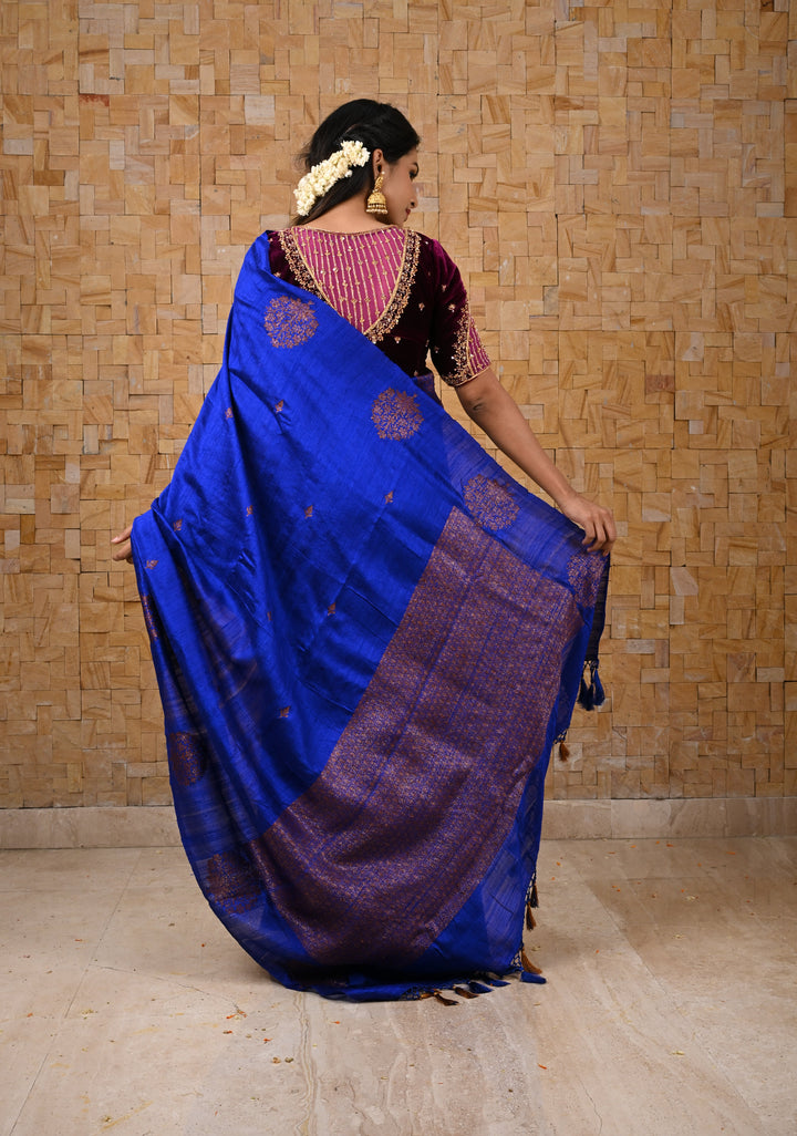 Royal Blue Borderless Banarasi Raw Silk Saree with Damask Antique Zari Buttas | SILK MARK CERTIFIED