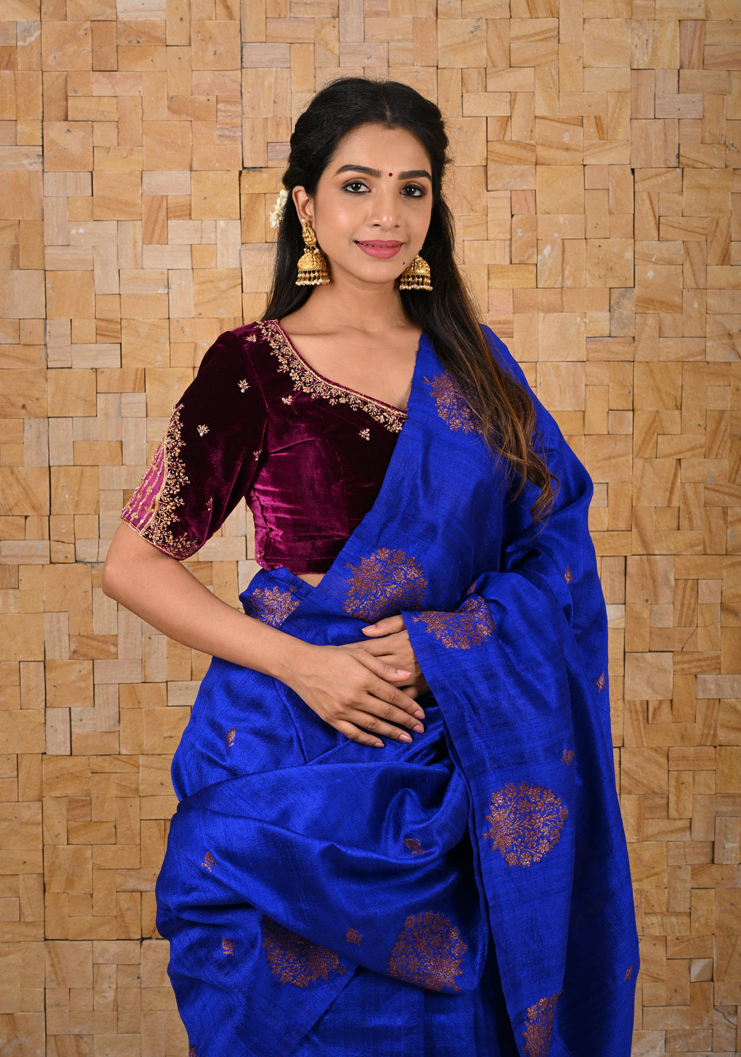 Royal Blue Borderless Banarasi Raw Silk Saree with Damask Antique Zari Buttas | SILK MARK CERTIFIED