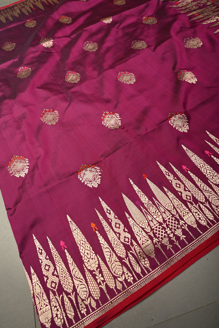Magenta Pure Banarasi Katan Silk Saree with Meenakari Floral Zari Buttas and Zari Border | SILK MARK CERTIFIED | SHOBITAM