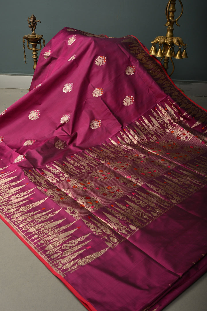 Magenta Pure Banarasi Katan Silk Saree with Meenakari Floral Zari Buttas and Zari Border | SILK MARK CERTIFIED | SHOBITAM